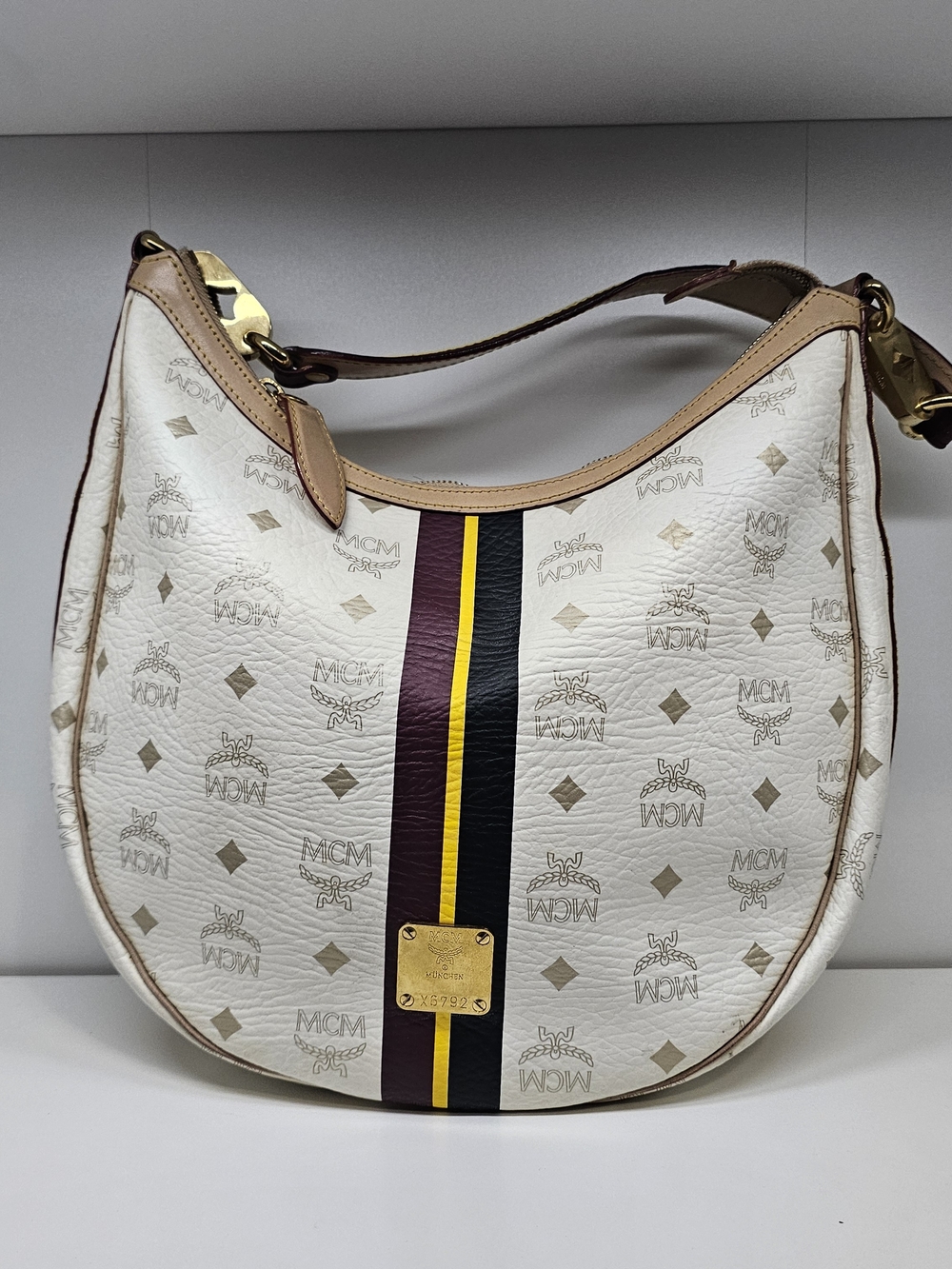 MCM White Logo Hobo Bag with Burgundy & Yellow Stripe